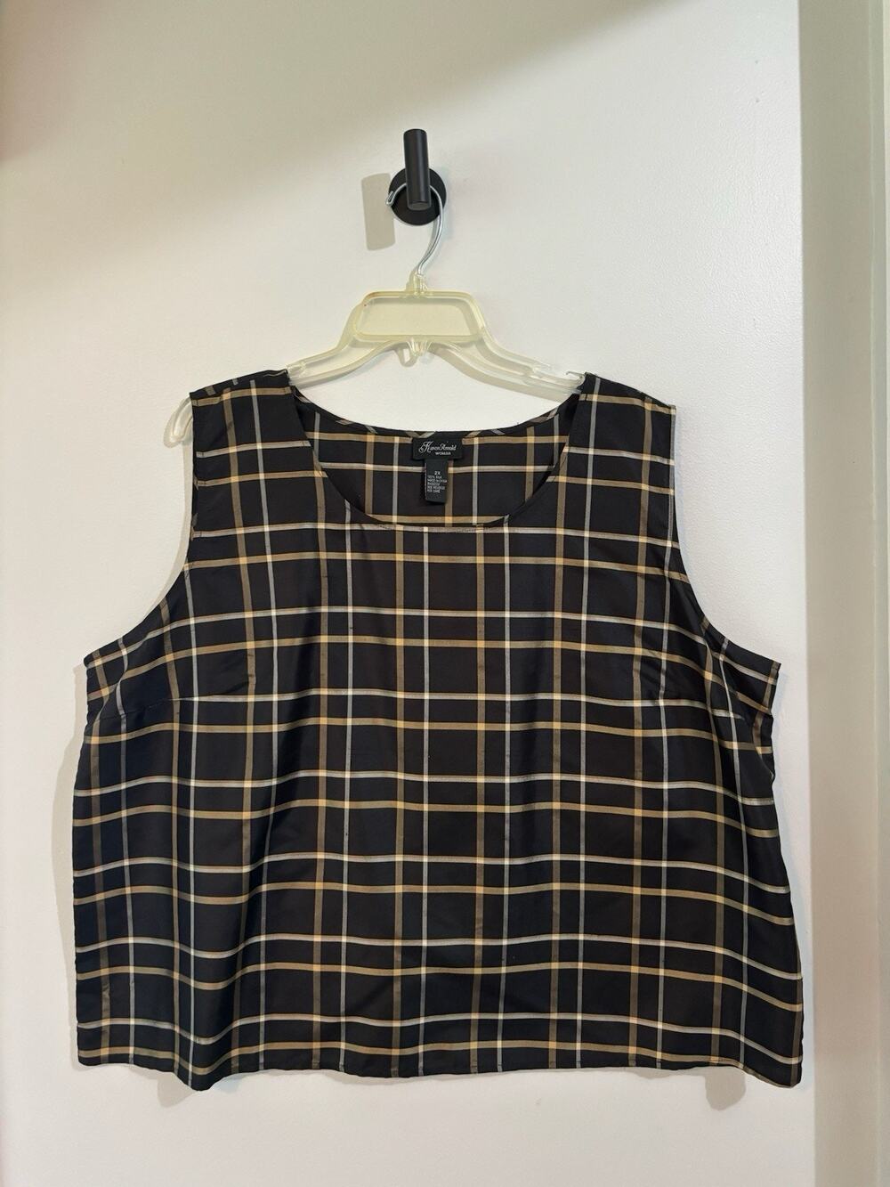 Karen Arnold Womans Blouse Top Multicolor Check Plus 2X Silk Sleeveless Pullover